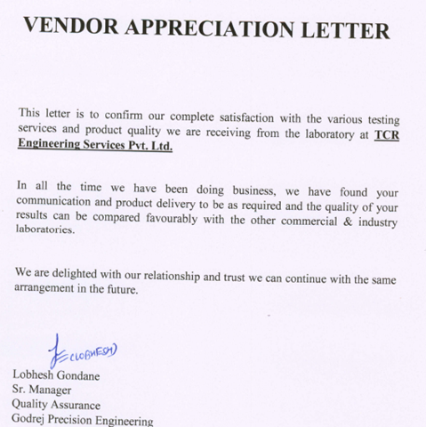 Appreciation letter from Godrej
