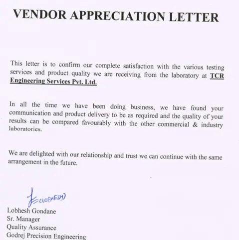 Appreciation letter from Godrej