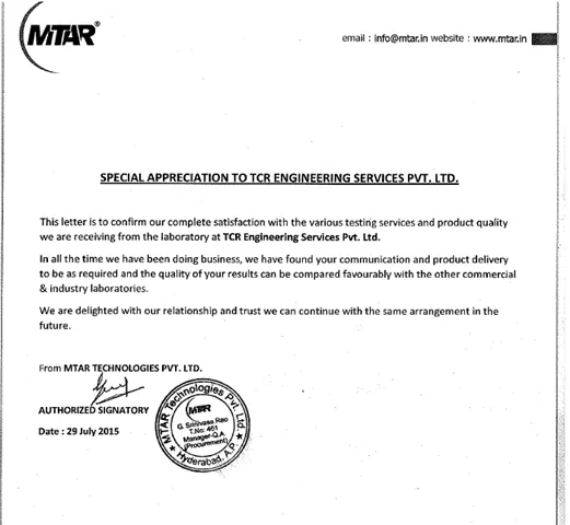 Appreciation letter from MTAR