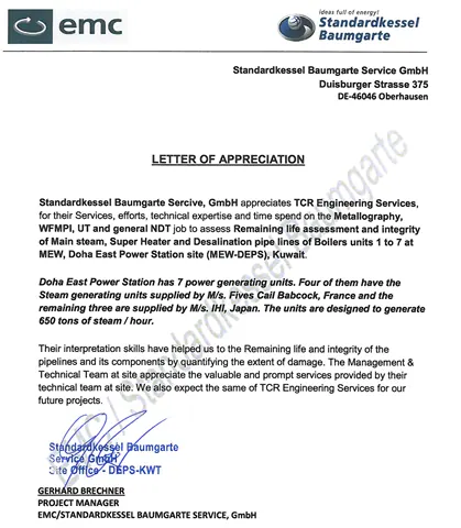 Appreciation letter from StandardKessel for DEPS, Kuwait