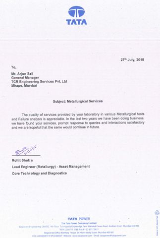 Appreciation letter from Tata Power