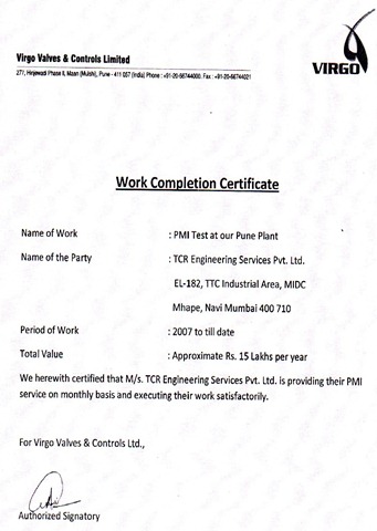 Work completion letter from Virgo Valves