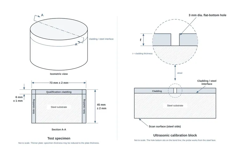 Drawings of the ASTM G146 test specimen, a 73 mm diameter by 45 mm clad cylinder with side cladding, and of the ultrasonic calibration block with a 3 mm flat-bottom hole at the bond line