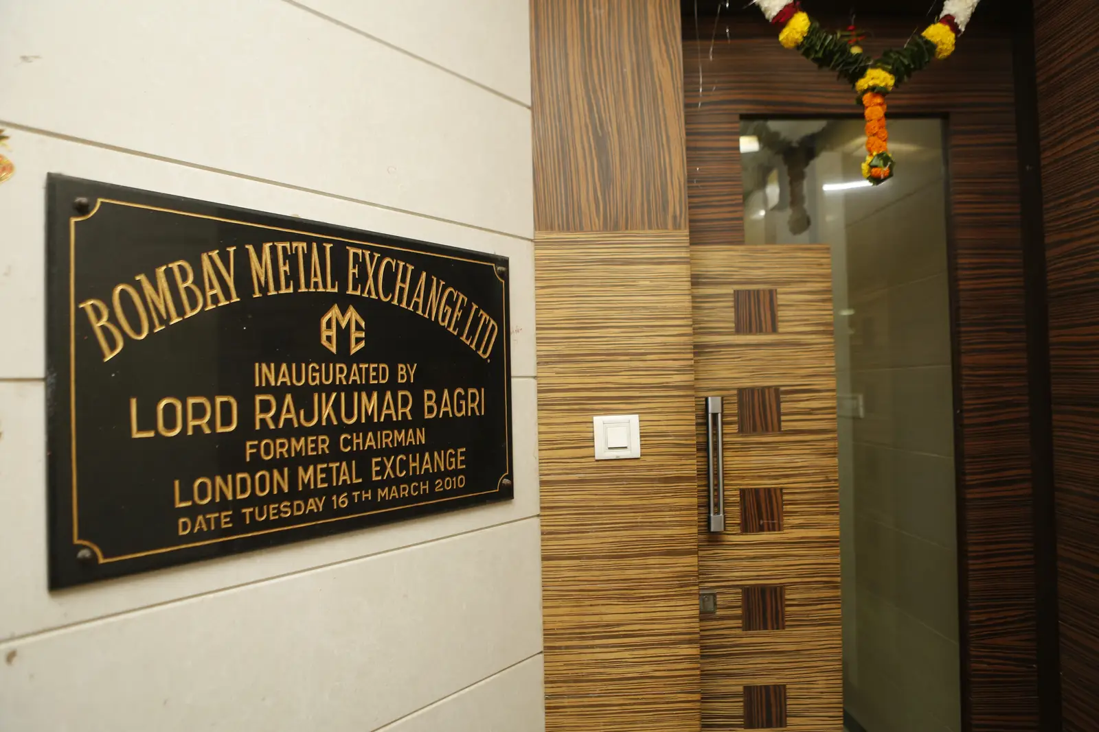 Brass plaque at BME House recording that the building was inaugurated by Lord Rajkumar Bagri, former Chairman of the London Metal Exchange, on 16 March 2010