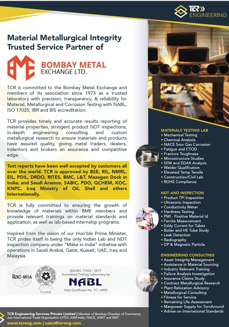 The 2020 TCR service sheet issued to Bombay Metal Exchange members, listing the materials testing, NDT and engineering consulting scope available to the trade