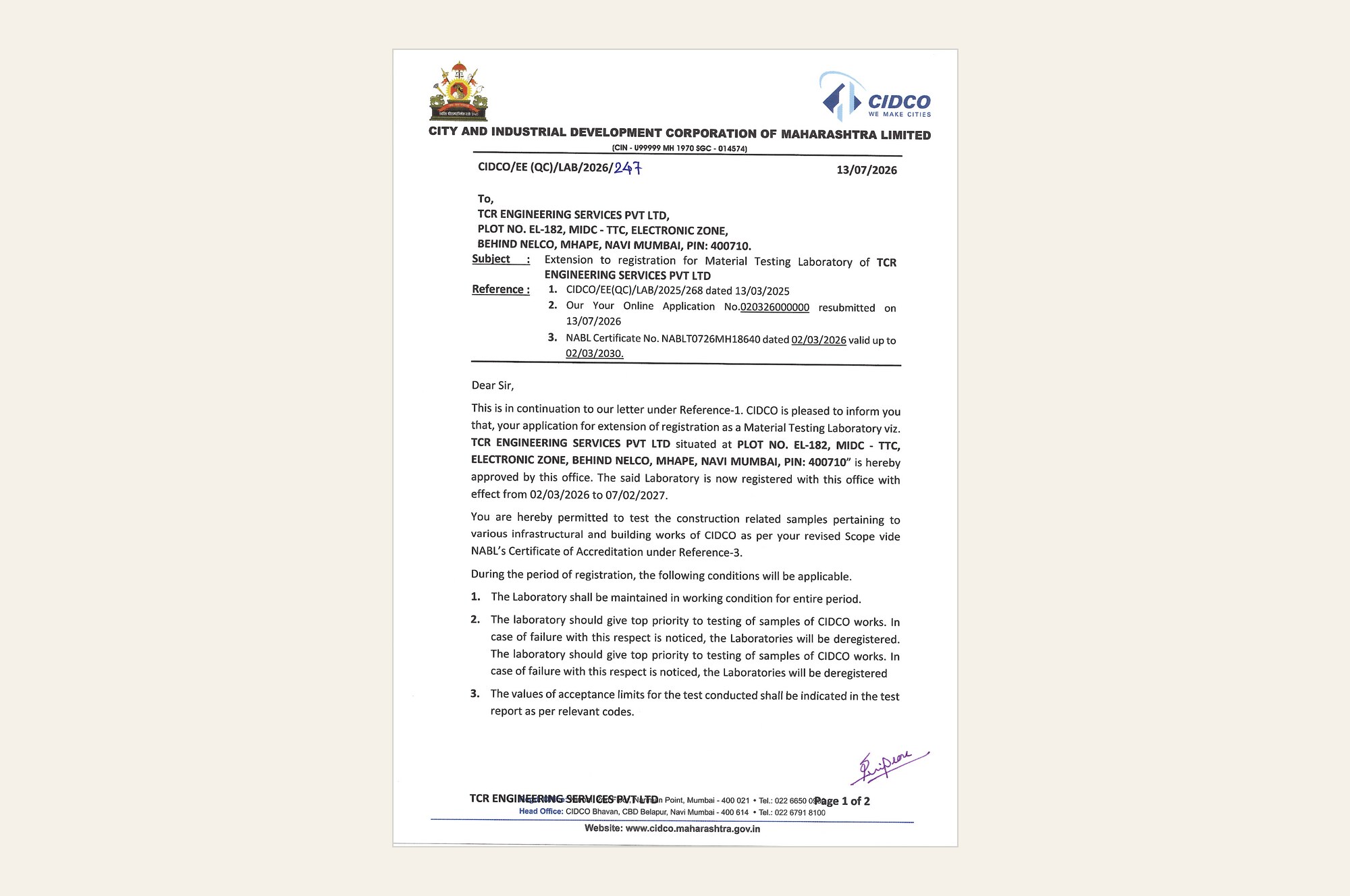 First page of the CIDCO letter extending TCR Engineering's material testing laboratory registration, reference CIDCO/EE (QC)/LAB/2026/247 dated 13 July 2026