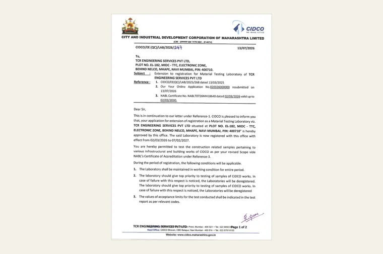CIDCO extends TCR Engineering's material testing laboratory registration for Mumbai 3.0 works