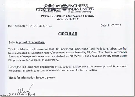 Engineers India Limited (EIL) approves TCR Advanced