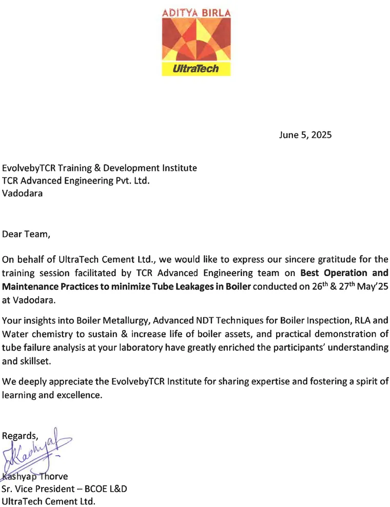 Evolve by TCR Advanced earns praise from Ultratech Cement for a high-impact training on boiler tubes and failure prevention techniques.