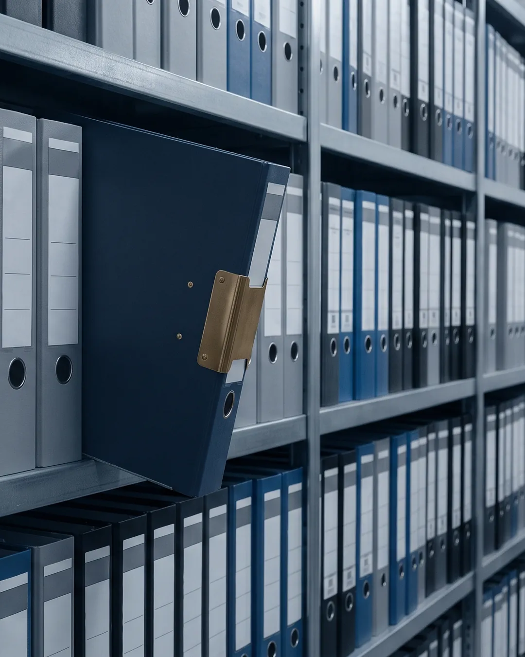 A run of unlabelled ring binders and bound procedure manuals on a steel shelf, receding into shadow