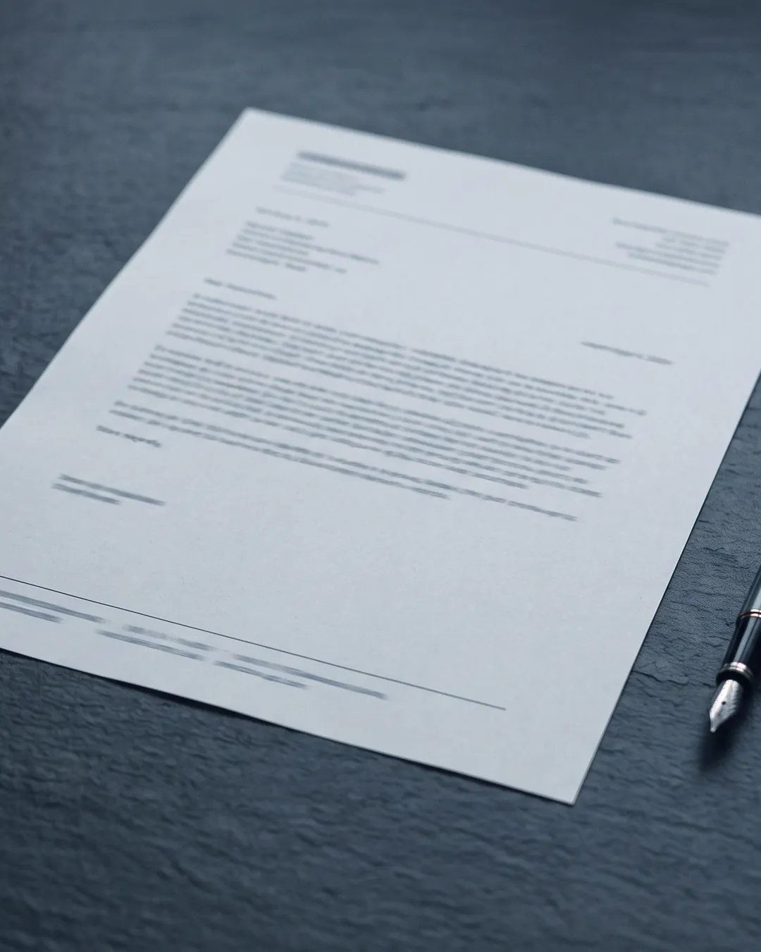 A single sheet of formal business correspondence lying at an oblique angle on a dark slate desk, a fountain pen beside it, the printed lines unreadable