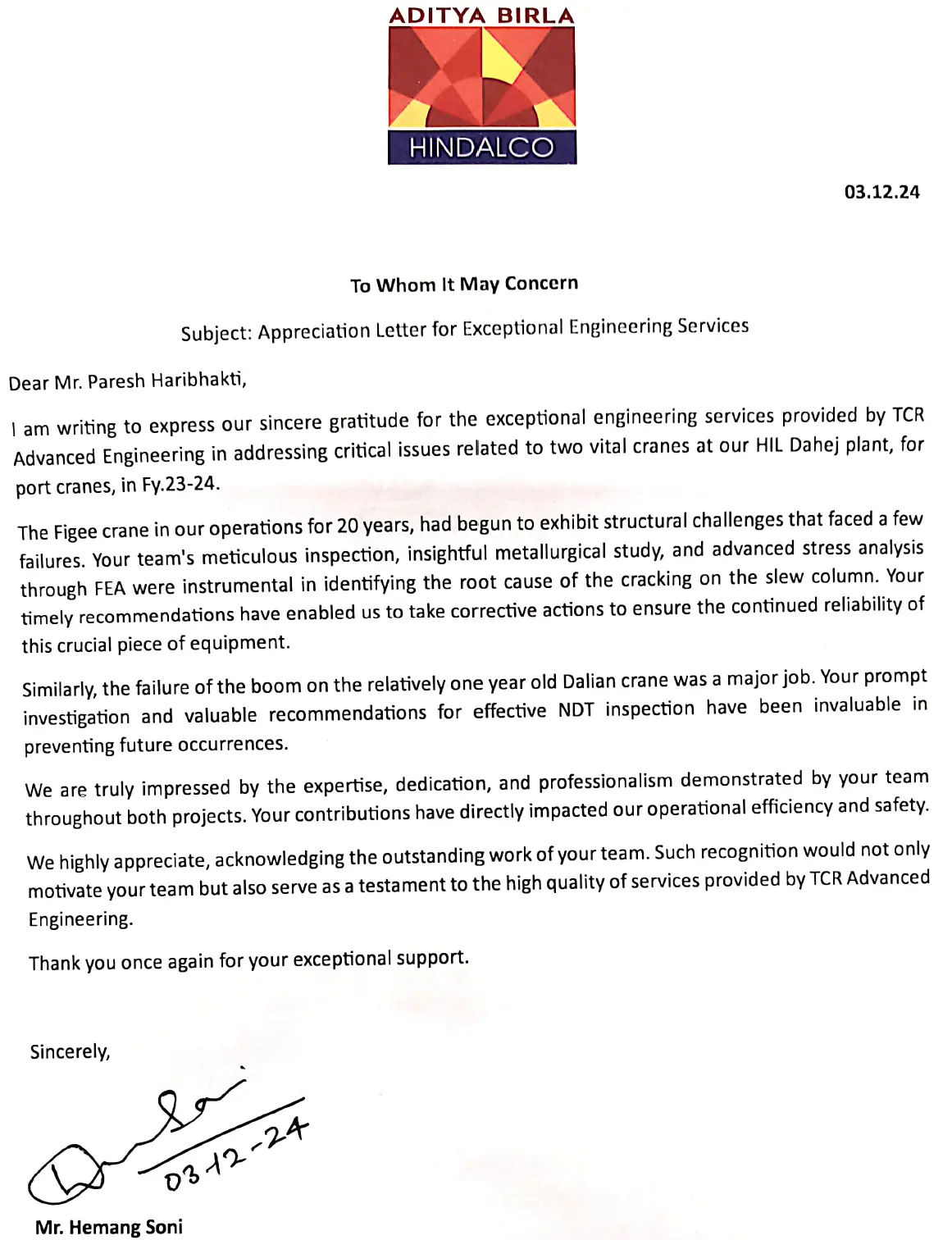 hindalco appreciation to TCR Advanced