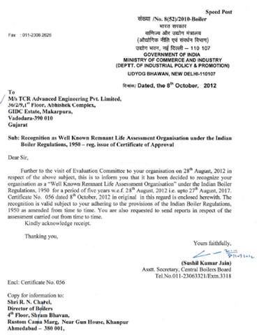 Indian Boiler Regulatory approves TCR Advanced