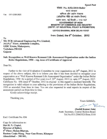 Indian Boiler Regulatory approves TCR Advanced