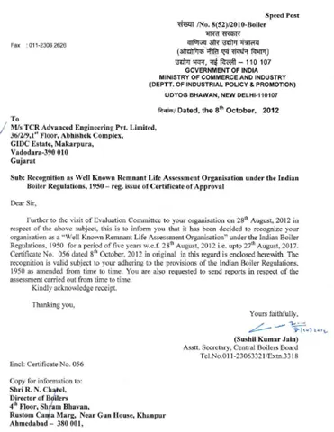 Indian Boiler Regulatory approves TCR Advanced