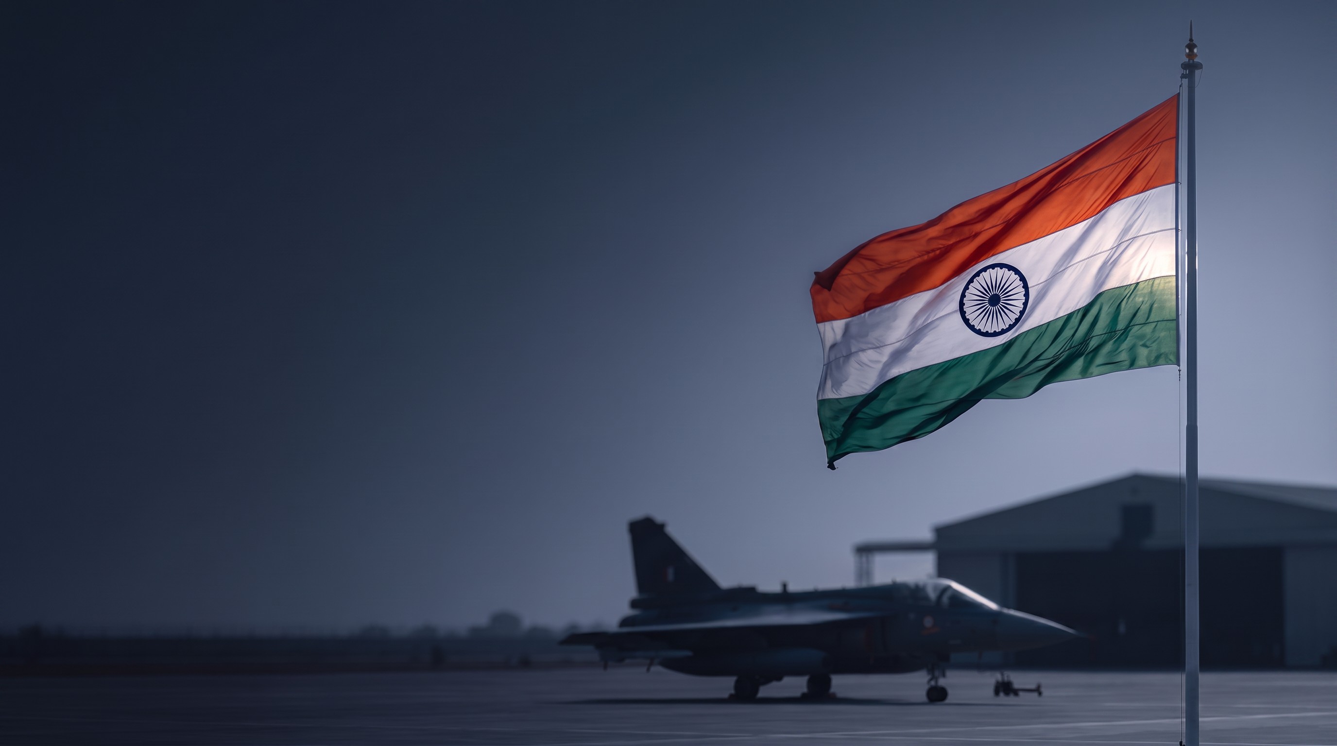 The Indian national flag flying at the edge of an airfield at first light, with a combat aircraft and hangar in silhouette behind it