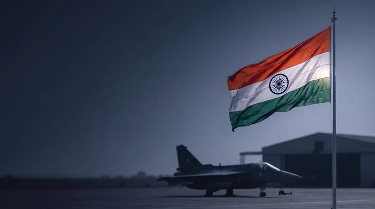 The Indian national flag flying at the edge of an airfield at first light, with a combat aircraft and hangar in silhouette behind it