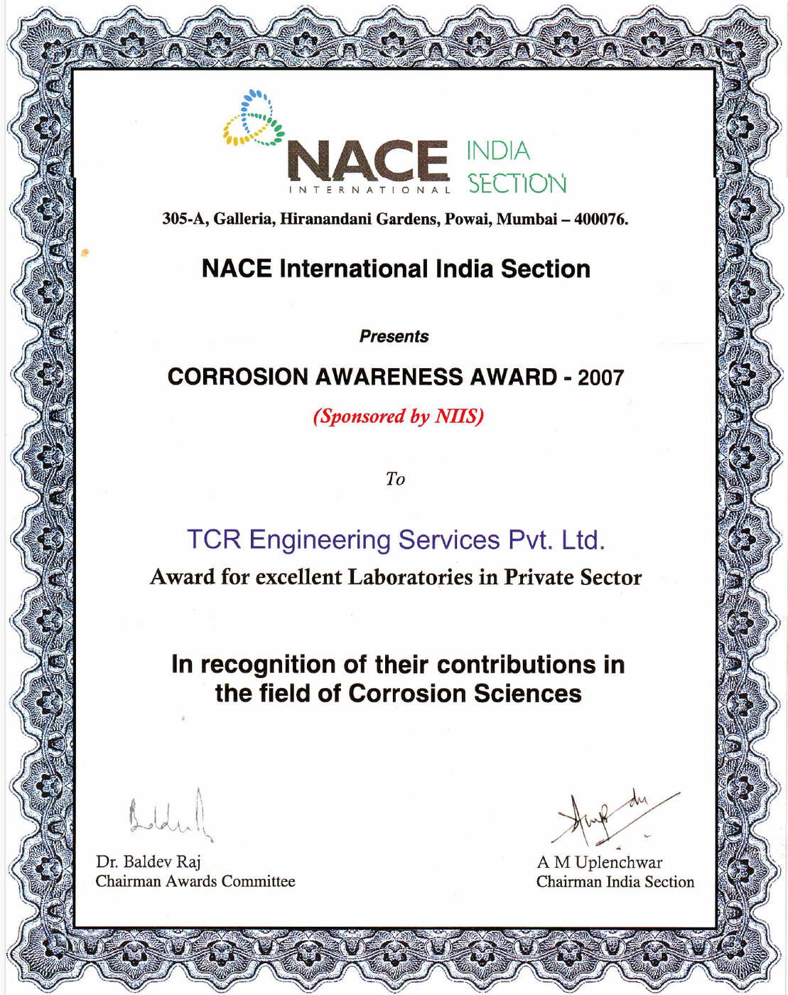 NACE Award to TCR