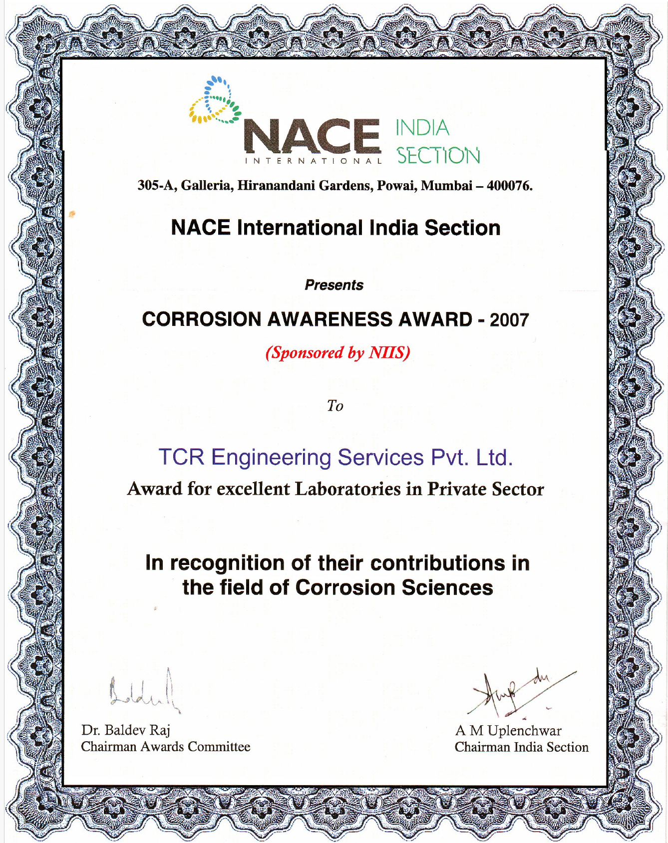 NACE Award to TCR
