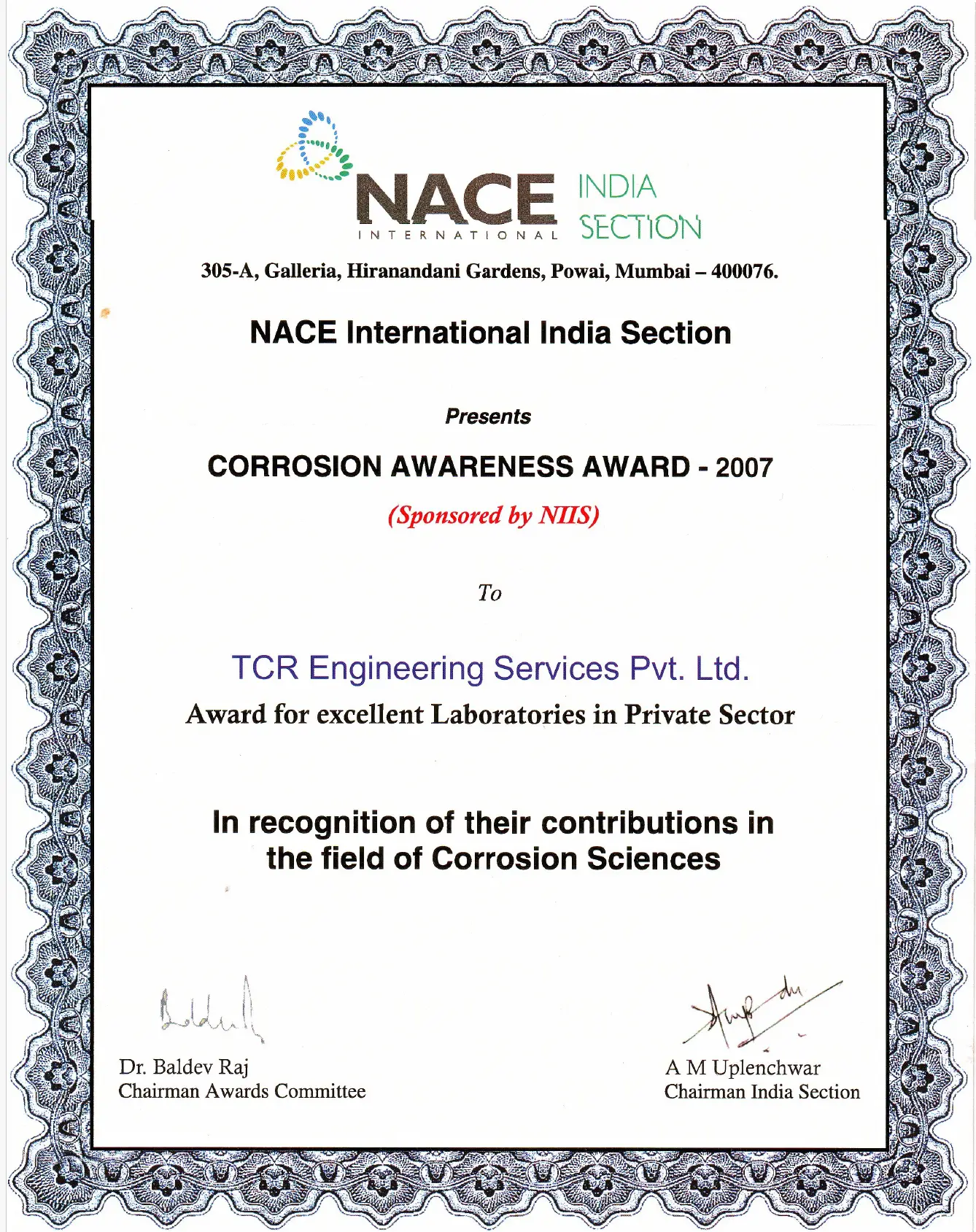 NACE Award to TCR