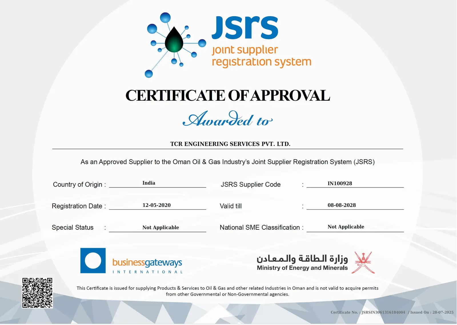 JSRS approval of TCR Engineering