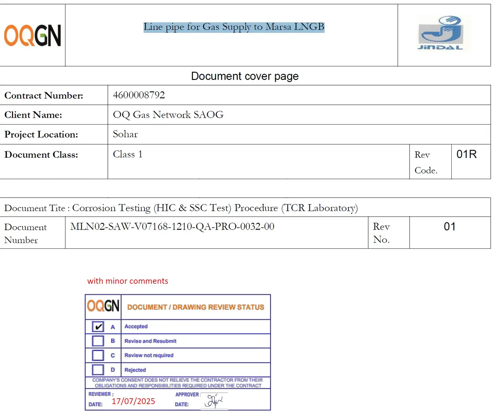 OQGN procedure approval to TCR for NACE HIC and SSC Testing