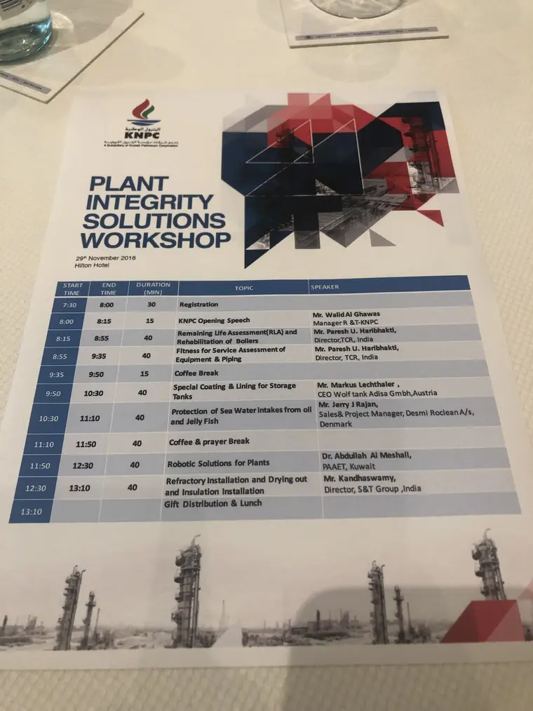 The printed programme for the KNPC Plant Integrity Solutions Workshop of 29 November 2018, listing Paresh U. Haribhakti of TCR India as the speaker for both the boiler RLA session and the fitness-for-service session