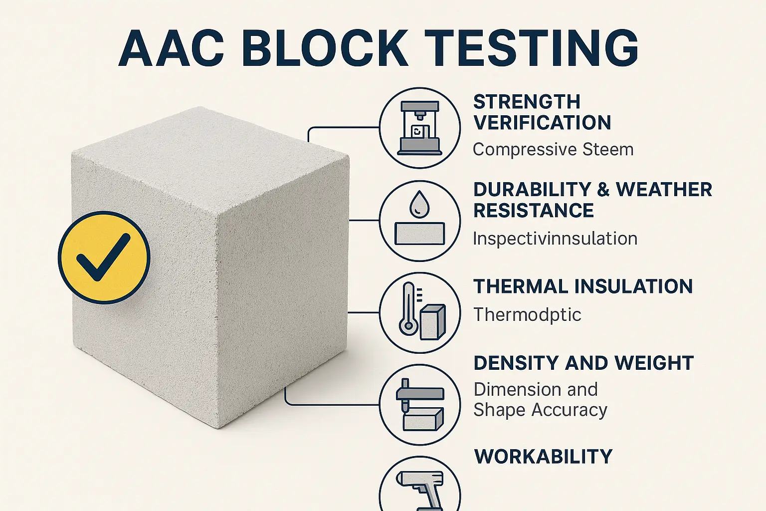 An infographic titled “AAC BLOCK TESTING” showcasing six essential tests for Autoclaved Aerated Concrete (AAC) blocks. The image features a central diagram of an AAC block with connecting icons and labels for each test: Compressive Strength, Water Absorption, Thermal Conductivity, Density Check, Dimensional Accuracy, and Workability. The design uses a clean layout with dark blue and yellow accents on a light gray background to highlight the key benefits and testing procedures for AAC block quality assurance.
