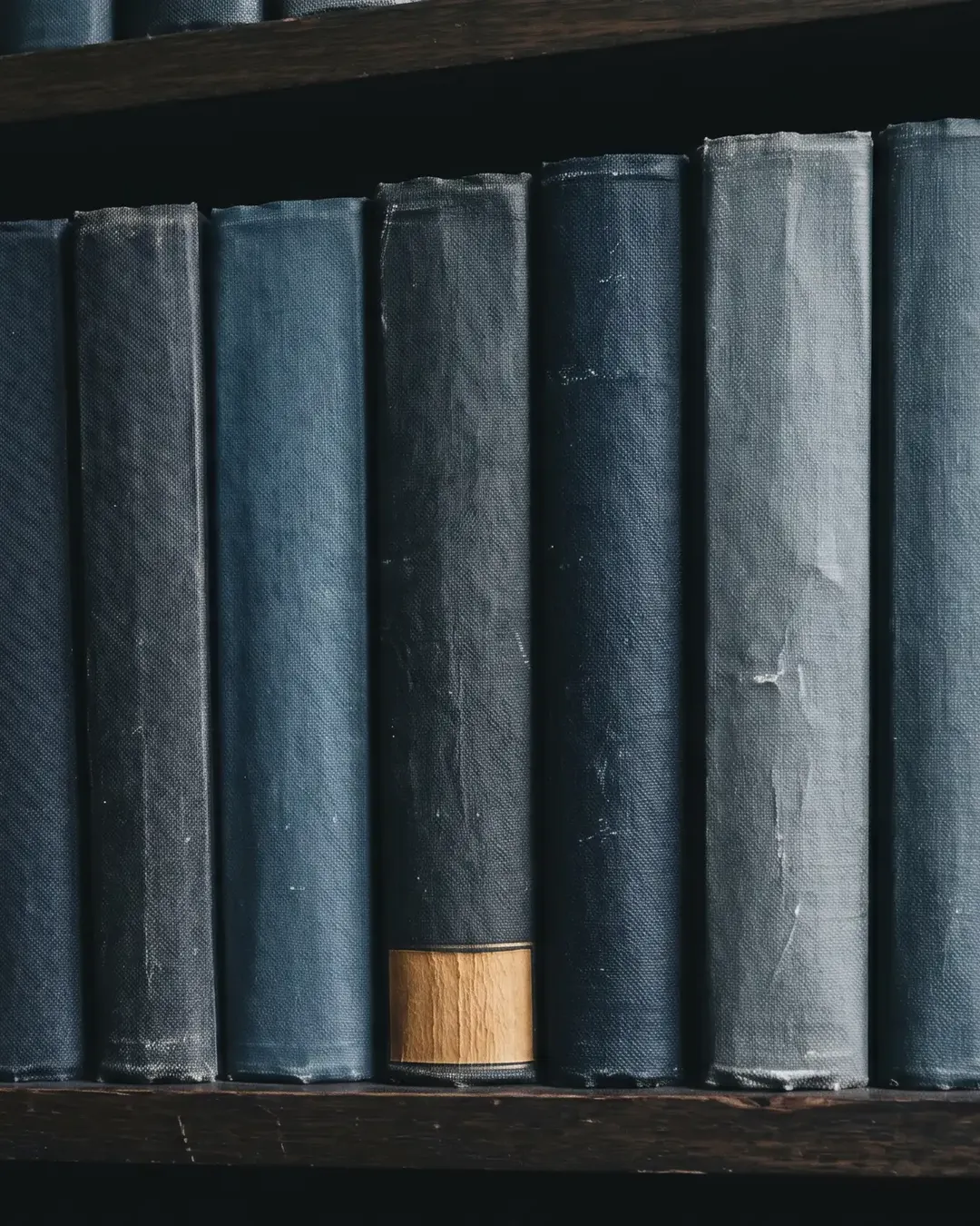A row of thick unlabelled hardbound technical volumes on a dark shelf