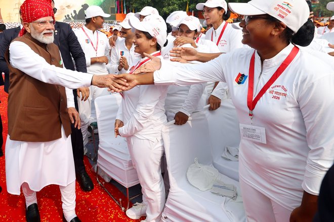 The Prime Minister with participants of the 80th Independence Day celebrations at the Red Fort