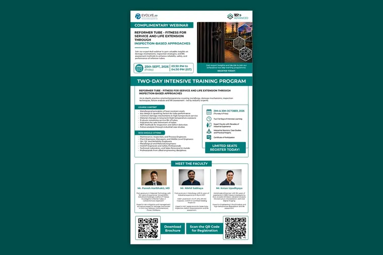 Programme flyer for the Evolve by TCR complimentary webinar on 25 September 2026 and the two-day reformer tube fitness-for-service training programme on 29 and 30 October 2026