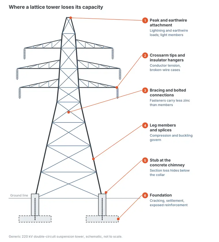 Schematic of a generic 220 kV double-circuit lattice tower marking six locations where capacity is lost: the peak and earthwire attachment, crossarm tips and insulator hangers, bracing and bolted connections, leg members and splices, the stub at the concrete chimney, and the foundation