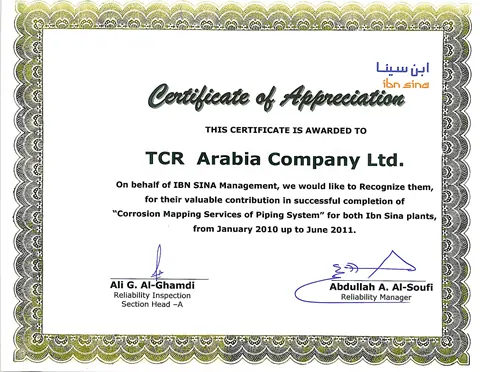 SABIC appreciates TCR Arabia for Corrosion Mapping