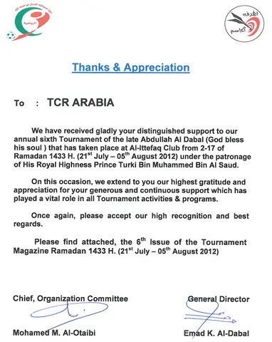Social Commitment of TCR Arabia