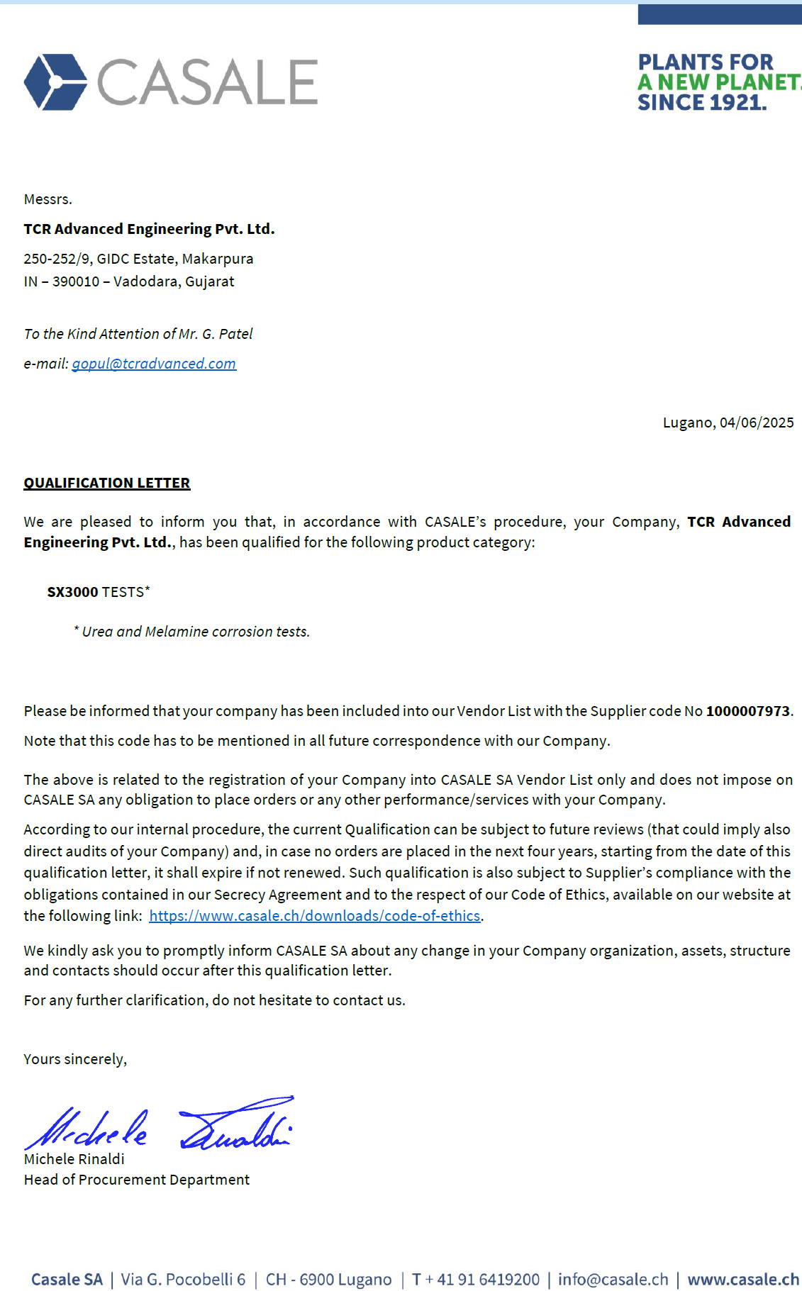 TCR Advanced Engineering is honored to be recognized by Casale SA and looks forward to supporting critical infrastructure projects around the world with integrity, accuracy, and speed.