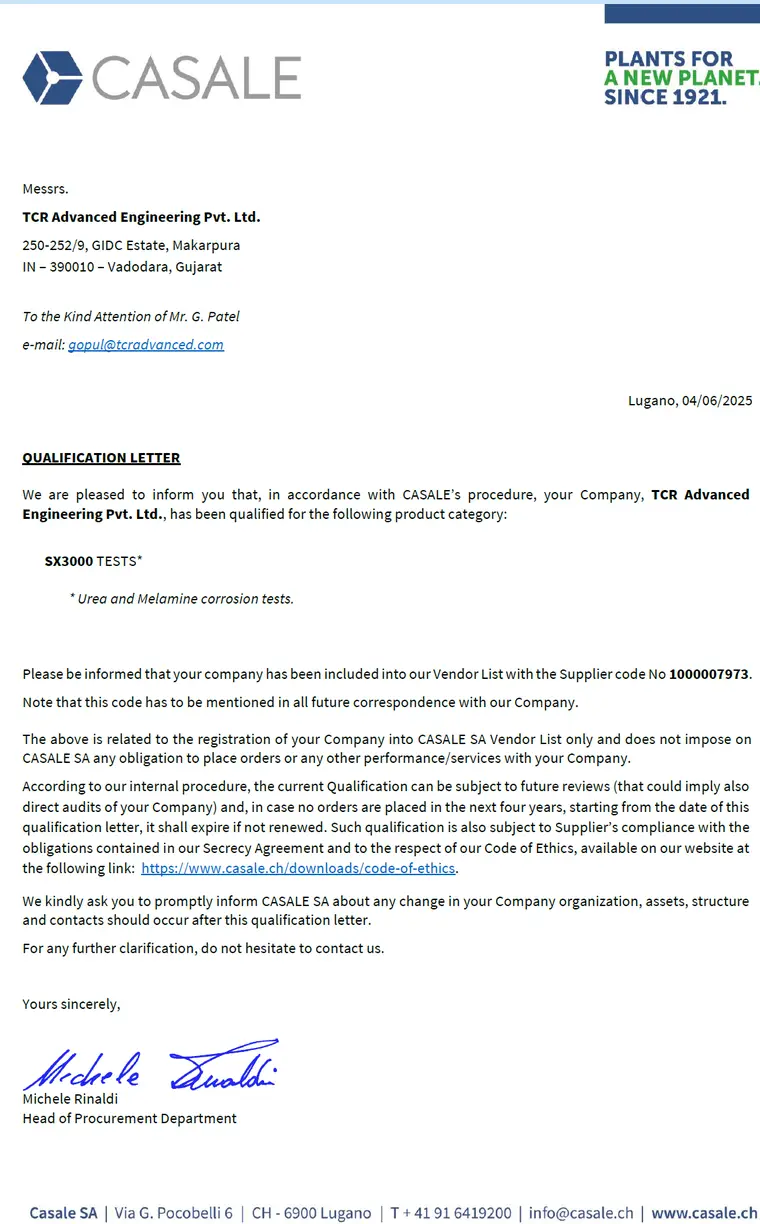 TCR Advanced Engineering is honored to be recognized by Casale SA and looks forward to supporting critical infrastructure projects around the world with integrity, accuracy, and speed.
