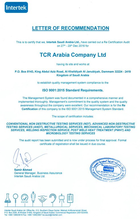 TCR Arabia renews ISO 9001 certification