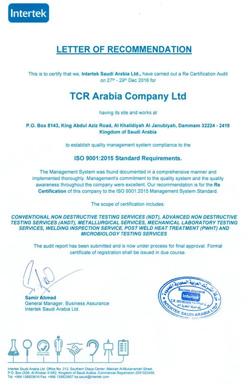 TCR Arabia renews ISO 9001 certification
