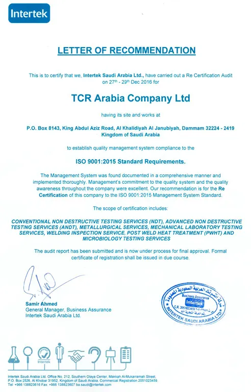 TCR Arabia renews ISO 9001 certification
