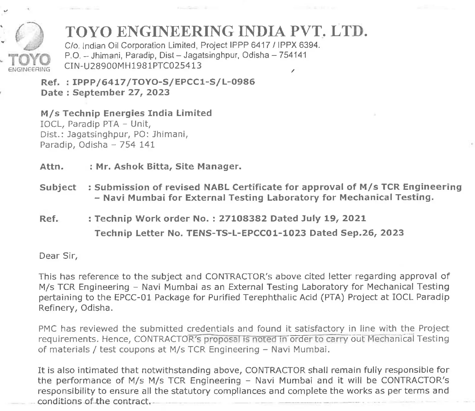 TCR Engineering Approved by Toyo Engineering &amp; Technip
