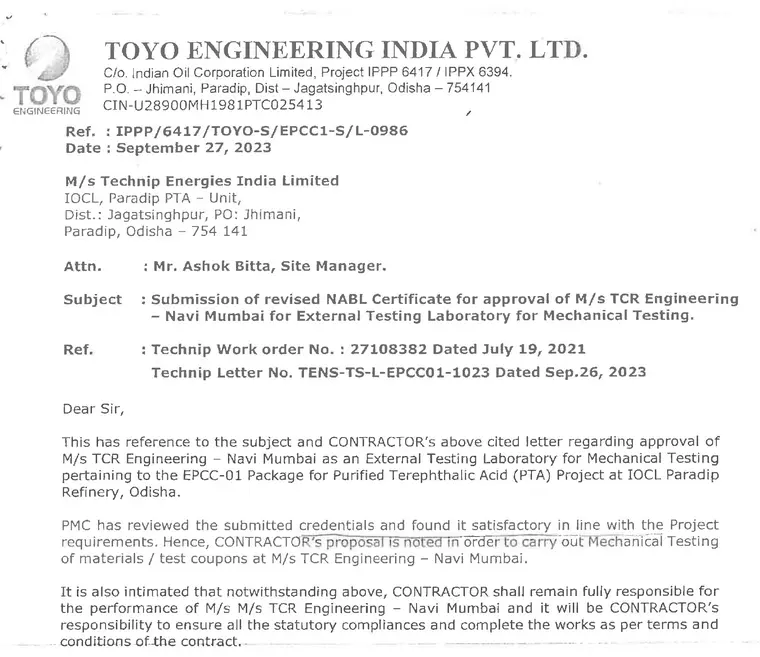 TCR Engineering Approved by Toyo Engineering &amp; Technip