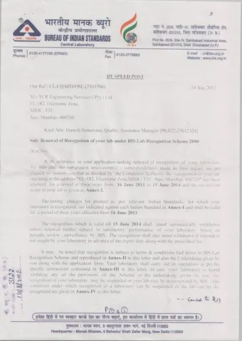TCR Engineering gets re-certified by Bureau of Indian Standards (BIS)