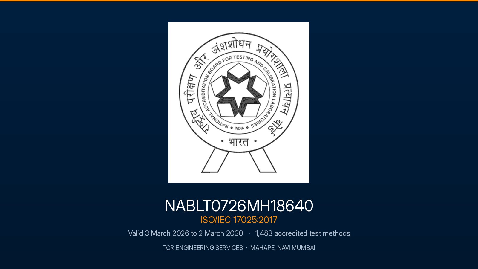 The NABL accreditation symbol above certificate number NABLT0726MH18640, ISO/IEC 17025:2017, valid 3 March 2026 to 2 March 2030