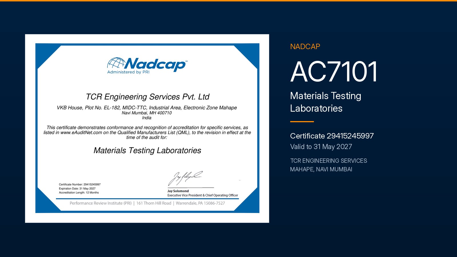 The Nadcap certificate awarded to TCR Engineering Services Pvt. Ltd. for Materials Testing Laboratories, certificate number 29415245997, expiring 31 May 2027