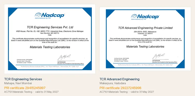 The two Nadcap AC7101 certificates held by the TCR group side by side: TCR Engineering Services at Mahape, Navi Mumbai on PRI certificate 29415245997, and TCR Advanced Engineering at Makarpura, Vadodara on PRI certificate 29227245998