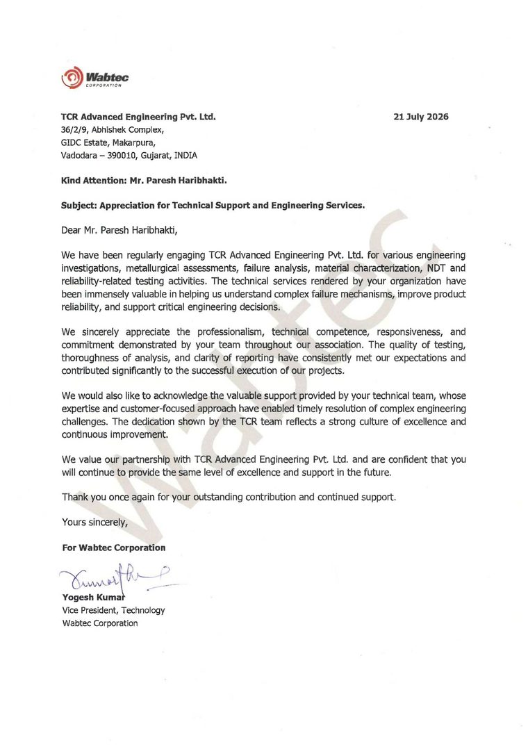 First page of the Wabtec Corporation letter of appreciation to TCR Advanced Engineering, dated 21 July 2026