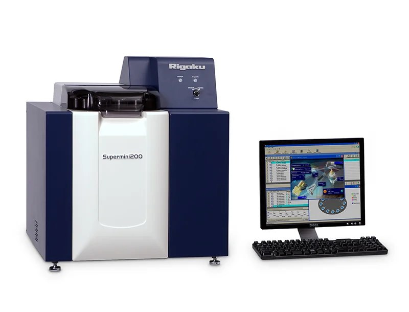 The Rigaku Supermini200 benchtop wavelength-dispersive X-ray fluorescence spectrometer beside its control workstation