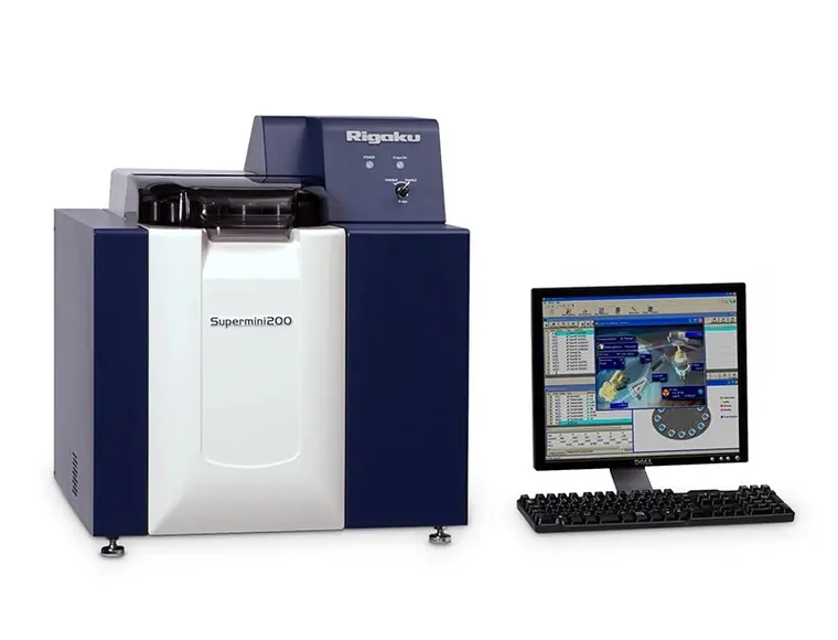 The Rigaku Supermini200 benchtop wavelength-dispersive X-ray fluorescence spectrometer beside its control workstation