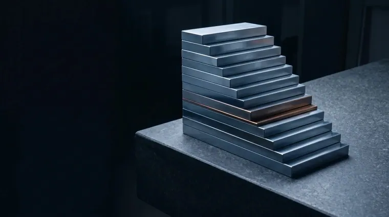 A stepped stack of precision gauge blocks on a granite surface plate under raking light