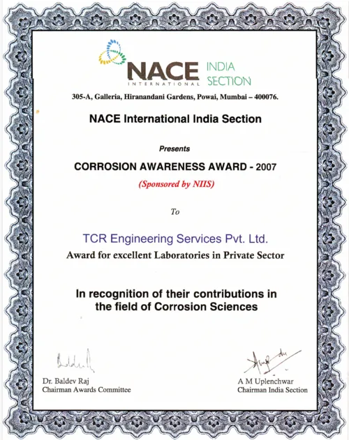 NACE International award certificate: Excellent Laboratory in the Private Sector, presented to TCR Engineering